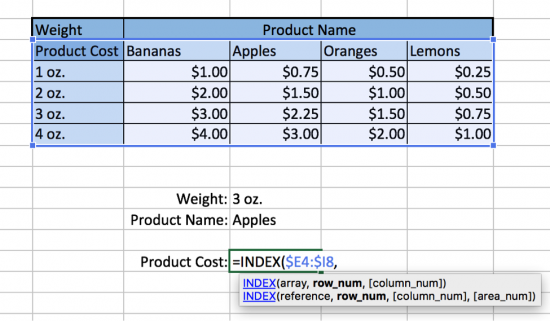 Index formula for product cost table.