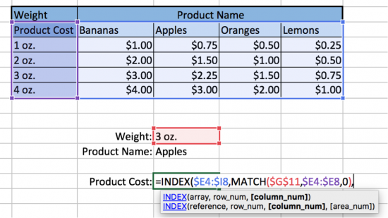 Match formula for product cost table.